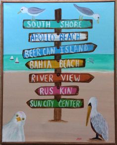 a painting of birds standing next to a sign on the beach that says south shore