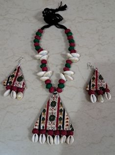 Handmade necklace with earrings. Handmade White Jewelry Sets For Festive Occasions, Fabric Necklace Diy, Handmade Fabric Jewellery, Navratri Jewellery, Cloth Jewellery, Diy Earrings Materials, Diy Jar, Navratri Collection, Terracotta Jewellery Designs