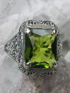 Green Peridot Ring, Intricate Sterling Silver Filigree, Vintage Victorian Jewelry, Silver Embrace Jewelry Classic Peridot Jewelry With Accent Stones, Elegant Engraved Green Rings, Elegant Green Engraved Rings, Classic Green Filigree Ring With Gemstone, Classic Filigree Ring With Accent Stones For Formal Occasions, Classic Peridot Jewelry For Formal Occasions, Elegant Filigree Ring For May Birthstone, Elegant Rectangular Peridot Rings, Classic Green Sterling Silver Filigree Ring