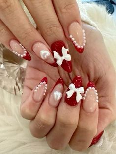 Red Coquette Nail Ideas, Cupid Inspired Nails, Coffin Coquette Nails, Red Nails Pearls, Strawberry Coquette Nails, Heart And Bow Nails, Cute Red French Tip Nails, Coquette Nails Acrylic Almond, Croquette Nails Red