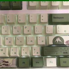 an image of a computer keyboard that is green and white with words on the keys