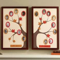 two framed family tree pictures on a mantel with red and orange leaves in them