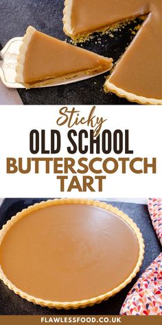 a slice of old school butterscotch tart on top of a pie pan