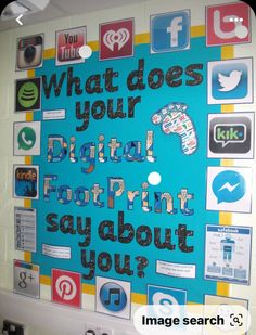 a bulletin board with various social media icons on it that says what does your digital print say about you?