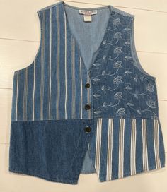 "Vintage womans vest measures pit to pit 17 1/4\" / length (shoulder to bottom) 21 1/2\" / good clean condition / smoke-free, and environment / 100% cotton / made in USA / labeled size petite small PS (00)" Womans Vest, Patch Vest, Vest Denim, Vest Patches, Floral Vest, Embroidered Vest, Floral Vests, Patchwork Denim, Vintage Patchwork