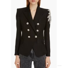 In Stores! Beautiful Authentic Balmain Crystal Embellished Double Breasted Black Blazer. Radiant Crystals And Commanding Shoulders Reflect The House's Signature Opulence In This Blazer That Whittles The Waist With Princess Seams And A Cutaway Front. Featuring Peak Lapels, Five Button Cuffs, Front Flap Pockets With Welt Chest Pocket. Very Good Condition. Size Fr 38. Retails $3650. Gorgeous Statement Blazer!! Statement Blazer, Balmain Jacket, Princess Seams, Whittling, Princess Seam, Black Blazer, Colored Blazer, Chest Pocket, Double Breasted