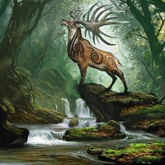 a painting of a deer standing on top of a rock in front of a waterfall