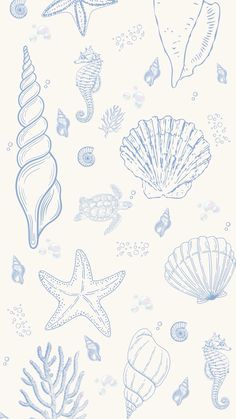 an ocean scene with shells and starfishs on the white background, as well as blue ink