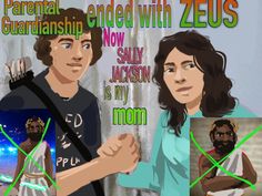 an image of a man and woman in front of a poster with the words, parental guardians ended with zeius now sally jackson is my mom