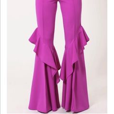 High Waist Bell Bottoms With Ruffle Details At The Bottom Of The Pants. It Has A Back Zipper Closure. Material: 95% Polyester/ 5% Spandex Target Jumpsuit, Flowy Wide Leg Pants, Bell Pants, Cream Pants, Balloon Pants, Stretch Dress Pants, Wide Leg Sweatpants, Lightweight Pants, Flared Pants