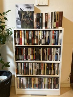 a book shelf filled with lots of books next to a plant