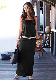 Bandeau Print Maxi Dress from LASCANA Bandeau Maxi Dress, Sleeveless Dresses Casual, Stitching Dresses, Maxi Robes, Maxi Dresses Casual, Summer Maxi Dress, Long Black, Printed Maxi Dress, Black Maxi Dress