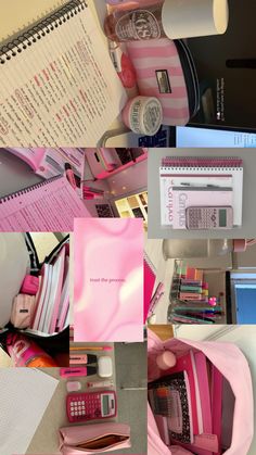 a collage of photos with pink and white items on it, including a phone, notebooks, pens, and papers