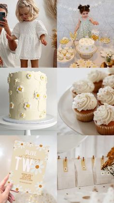 a collage of photos with cakes and cupcakes