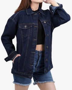 Womens Dark Blue Oversized Denim Jacket Oversized Medium Wash Utility Jacket With Long Sleeves, Oversized Blue Denim Jacket, Oversized Denim Blue Denim Jacket With Long Sleeves, Oversized Medium Wash Utility Jacket For Fall, Oversized Medium Wash Utility Jacket For Spring, Casual Oversized Utility Jacket In Medium Wash, Trendy Blue Denim Utility Jacket, Oversized Blue Denim Jacket With Long Sleeves, Casual Oversized Medium Wash Utility Jacket