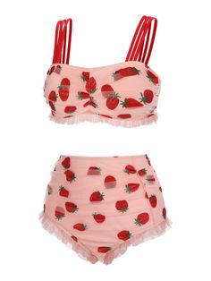 Cute Summer Fashion, Strawberrycore Outfits, Strawberry Inspired Outfit, Pink Plus Size Outfits, Strawberry Bathing Suit, Cottagecore Swimsuit, Cute Swimming Suits, Cute Swim Suits, Strawberry Swimsuit