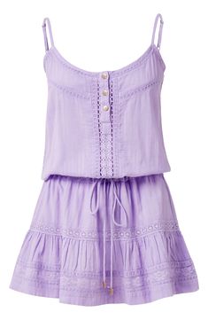 A combination of ladder-stitch detailing and tonal embroidery lend depth and texture to this breezy cover-up minidress made of cotton. 26" length Button half-placket Scoop neck Adjustable straps Unlined 100% cotton Hand wash, line dry Imported Vacation Dresses Short, Cute Purple Clothes, Summer Chill Fits, Cute Preppy Dresses, Purple Cotton Mini Dress For Vacation, Lavender Cotton Mini Dress For Summer, Purple Gameday Outfit, Lsu Gameday Outfit, Summer Lavender Feminine Mini Dress