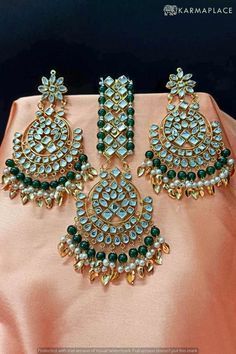 Now shop WOMEN'S COPPER EARRING AND MAANG TIKKA SET IN GREEN at a reasonable price on the karma place website. Maang Tikka Set, Maang Tikka, Buy Buy, Copper Earrings, Light Weight Earrings, Things To Buy, Statement Necklace, Gold Plate, Crown Jewelry