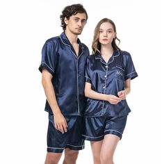 "Couple Pajamas, Honeymoon gift, Customized Matching Pajamas, Anniversary gift, Pajamas Sets with names These Silky satin Pajamas are perfect for couples looking to wear matching pajamas. The price you see is for one PJ set for either a man or a woman (which includes a Shirt and Bottoms for one person). We can make the PJ set in the following four styles. Please select the style from the drop-down list based on the below options. - Shorts Set i.e. Short Sleeves + Shorts - Short+ Long i.e. Short Blue Matching Loungewear Sets, Matching Blue Sleepover Sets, Blue Matching Sets For Pajama Party, Blue Matching Sleepwear Set, Blue Short Sleeve Sets For Home, Wedding Outfit Guest Beach, Summer Wedding Men Outfit, Wedding Outfit Plus Size, Men Outfit Wedding