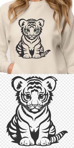 a woman wearing a sweatshirt with an image of a tiger on the front and back