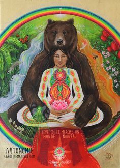 a painting of a bear and a woman in front of a rainbow colored background with words above it