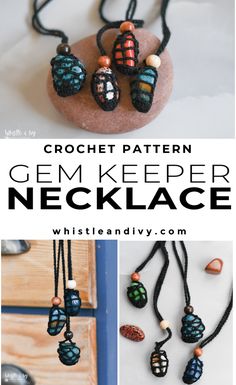 the crochet pattern for a necklace is shown in three different colors and sizes