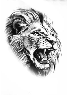 a black and white drawing of a lion's head with its mouth wide open