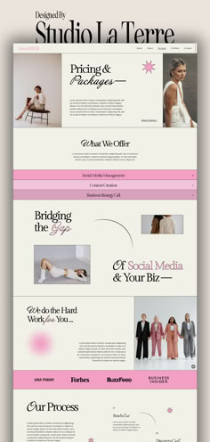 the website design for studio la terre is shown in pink, white and black