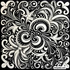 an intricate black and white drawing with swirls in the center, on a black background