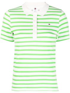 bright green/white stretch-cotton horizontal stripe pattern embroidered logo at the chest classic collar front button placket short sleeves straight hem Classic Green T-shirt For Spring, White Collared Top With Signature Stripes, Classic Striped Polo Shirt With Collared Neckline, Striped Short Sleeve Polo Shirt For Summer, White Horizontal Stripe Cotton Polo Shirt, Summer Polo Shirt With Horizontal Stripes, White Cotton Polo Shirt With Horizontal Stripes, Summer Horizontal Stripe Polo Shirt, Summer Collared Polo Shirt With Horizontal Stripes