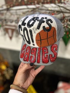 Customized, Hand Painted Trucker Cap ❤️🖤 Painting Trucker Hats, Painted Trucker Hats Diy, Hand Painted Trucker Hats, Painted Trucker Hats, Trucker Hat Ideas, Painted Basketball, Hand Painted Hats, Hoco Ideas, Homecoming Spirit