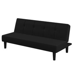 a black couch sitting on top of a white floor