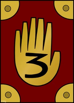 the number three is written in black on a red background with gold circles around it