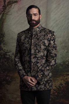 Black Color Embroidered Jodhpuri Jacket Set – Panache Haute Couture Festive Designer Sherwani With Floral Embroidery, Bollywood Bandhgala With Floral Embroidery For Transitional Season, Designer Long Sleeve Bandhgala With Zari Work, Designer Bandhgala With Zari Work And Long Sleeves, Long Sleeve Bandhgala With Zari Work For Reception, Long Sleeve Bandhgala For Reception With Zari Work, Designer Nehru Jacket With Intricate Embroidery For Festive Occasions, Bollywood Style Festive Sherwani With Sequins, Designer Bandhgala With Mirror Work And Long Sleeves