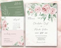 two wedding cards with pink roses and greenery on them, one is for the bride