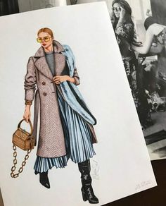 a drawing of a woman in a coat and skirt with a handbag on her hip