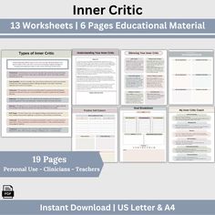 Inner Critic therapy resources, rooted in CBT, empower you to silence your inner critic, boost self-esteem, and foster self-compassion. Counseling office therapy  resources Therapy Cheat Sheet, Health Worksheets, Counselling Tools, Self Esteem Worksheets, Positive Self Esteem, Counseling Office, Law Of Attraction Planner, Mental Health Therapy, Life Coaching Tools