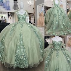 #ad Tiana Green Quinceanera Dresses, Pastel Green Quince Dress, Princess Tiana Quinceanera Dresses, Pastel Green Quinceanera Dresses, Light Green Sweet 16 Dress, Quinceanera Dresses Sage Green, Light Green Quince Dress, Sage Quinceanera Dress, Olive Green Quinceanera Dresses