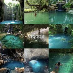 several different pictures of people swimming in the water at lagoons, waterfalls and trees