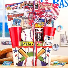 a baseball themed gift basket on a table