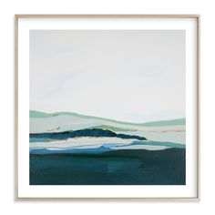 an abstract painting with blue, green and white colors on the water in front of a white frame