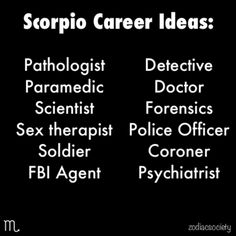 the words scorpio career ideas are shown in black and white, on a dark background