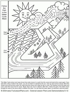 a coloring page with an image of trees and mountains