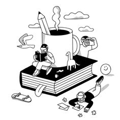 a black and white drawing of people sitting on top of a book