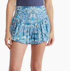 These Pull-On Bubble-Hem Shorts Are Crafted From A Breezy Jersey In A Vibrant Medallion Print For A Fun Layer To Finish Your Look. 100% Viscose Machine Wash, Tumble Dry Imported Beach Bottoms With Short Inseam For Spring, Blue Elastic Waistband Beach Bottoms, Blue Beach Bottoms With Elastic Waistband, Fitted Bottoms With Short Inseam For Vacation, Bohemian Fitted Short Bottoms, Summer Blue Short-length Bottoms, Fitted Bohemian Shorts, Bohemian Fitted Short Length Bottoms, High Waist Blue Bottoms For Vacation