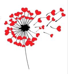 a dandelion with red hearts blowing in the wind