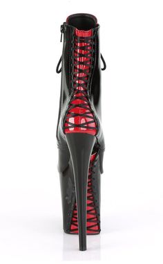 8"Heel, 4" PF Lace-Up Front Ankle Boot, with Interchangeable Color Tongues (Red & Black) and Corset Style Lacing on Platform Underside & at the Back, Inside Zip ClosureHEEL/PLATFORM : 8" Heel, 4" PFFIT GUIDE : True to sizeVEGAN : Yes US Women's Sizing - see size chart for more info Dance Boots, Pleaser Shoes, Platform Ankle Boots, Corset Style, Pole Dancing, Womens Heels, Christian Louboutin Pumps, High Heel, Dancing