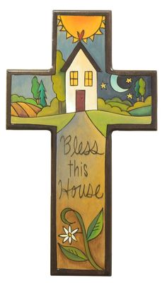 Bless this house plaque with a sweet Sticks home in a landscape motif Cross Artwork, Painted Crosses, Sweet Sticks, Easter Wood Signs, Hand Painted Crosses, Faith Based Art, Bless Our Home, House Plaques, Mosaic Crosses