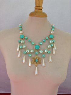 "I made this necklace from all new beads and cabochons. Focal point.  No real focal point Length.  20\" Chain.  gold tone Closure.  lobster clasp Extender.  yes, 2\"" Festoon Necklace, Floral Necklace, Chain Gold, Seafoam Green, Vintage Beauty, Boho Floral, Sea Foam, True Beauty, Artist At Work