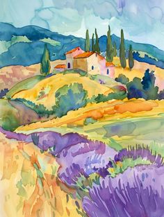 watercolor painting of an italian countryside with lavenders and trees in the foreground